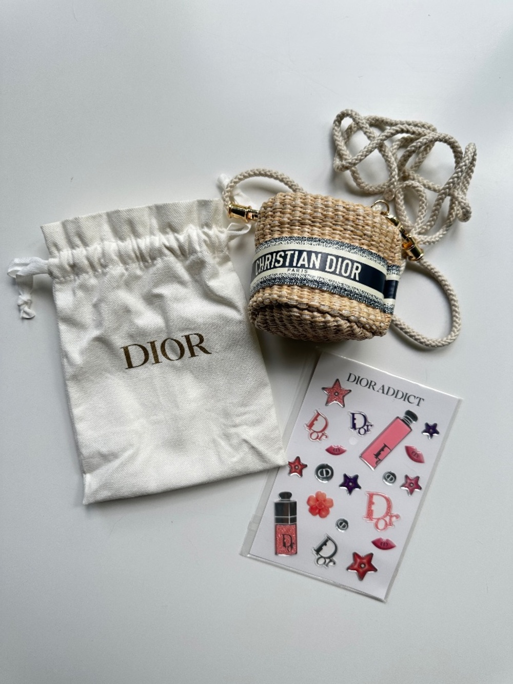 Dior Beige and Blue Woven Mini Bucket Bag with Dust Bag and NWT New Stickers